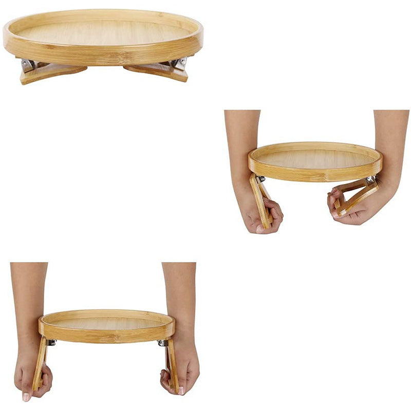 Round Bamboo Storage Tray – Foldable Sofa Table with Legs