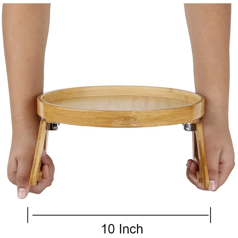 Round Bamboo Storage Tray – Foldable Sofa Table with Legs